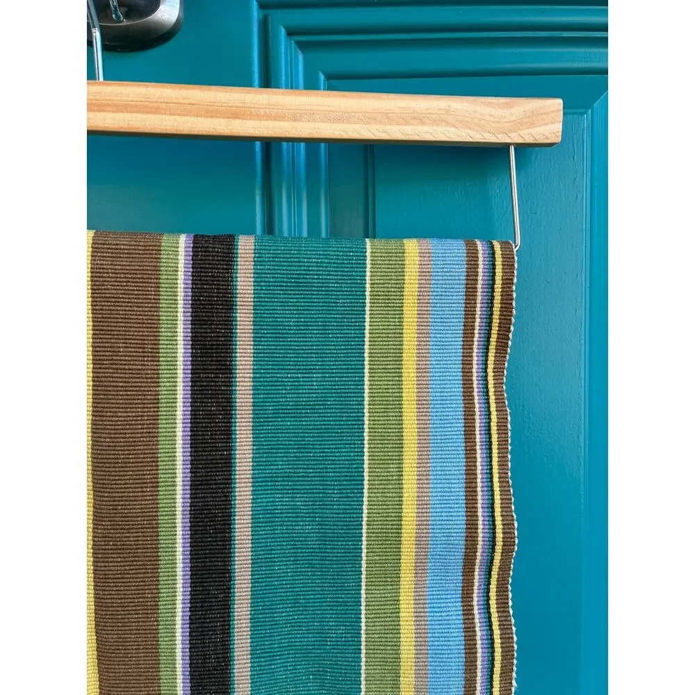 Crate & Barrel Table Runner Multi Stripe Teal Yellow Green Blue Cotton 14